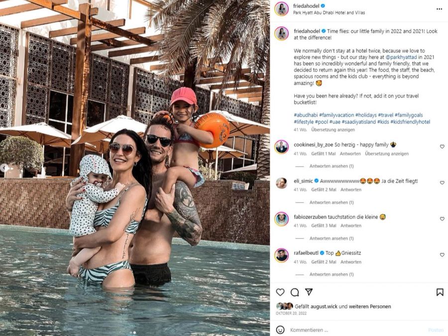 Ex-Bachelorette Frieda Hodel und ihre Familie im Pool.