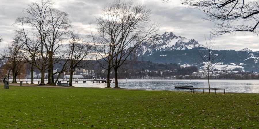 Die Lido Wiese mit Ausblick auf den Pilatus und Vierwaldstättersee in der Stadt Luzern.
