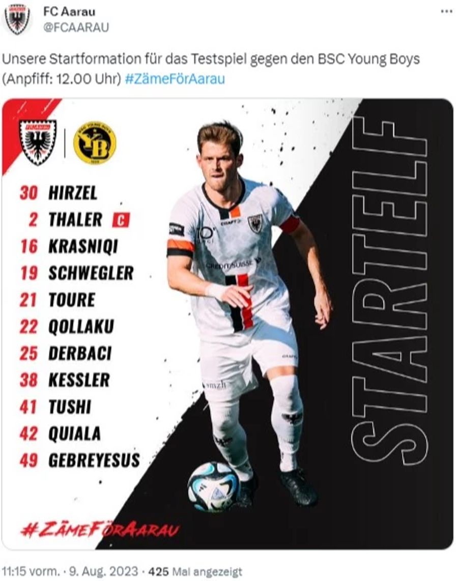 Mit dieser Elf startet Alex Frei mit dem FC Aarau ins Spiel gegen YB.