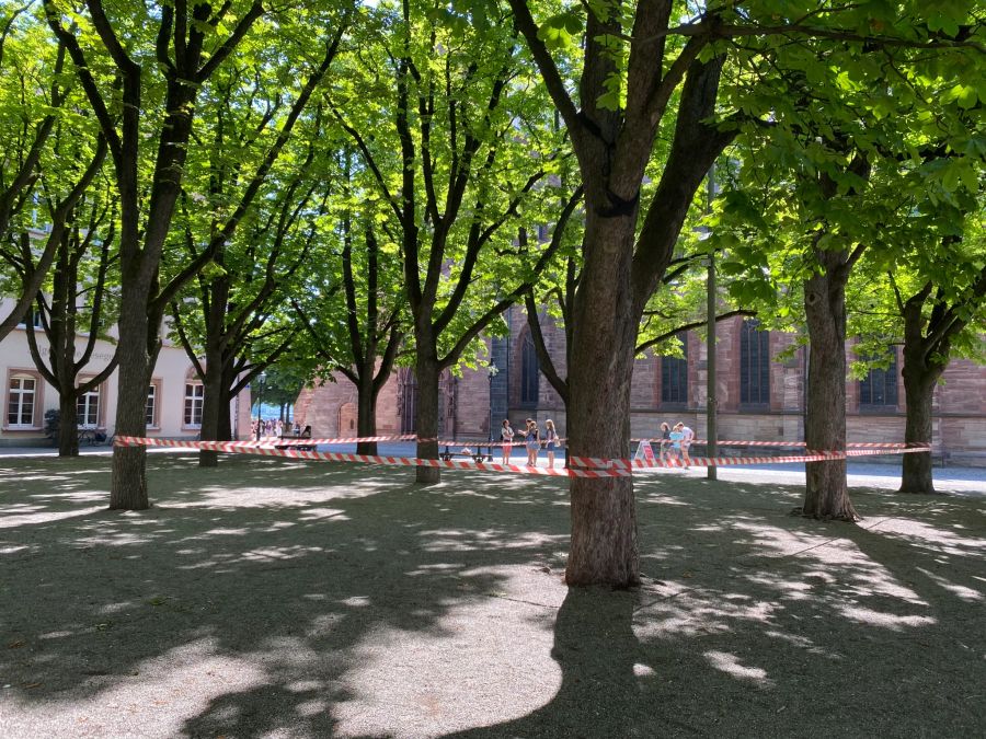 Auch auf dem Münsterplatz in Basel sind sowohl die Tafeln als auch das rot-weiss gestreifte Absperrband zu finden.