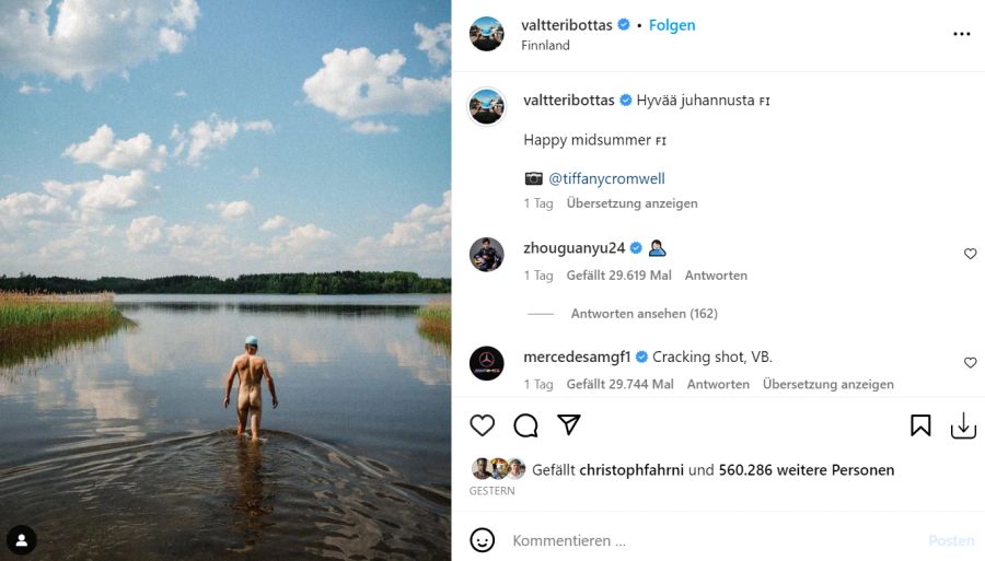 Valtteri Bottas badet nackt in einem See in Finnland und postet ein Foto auf Instagram.