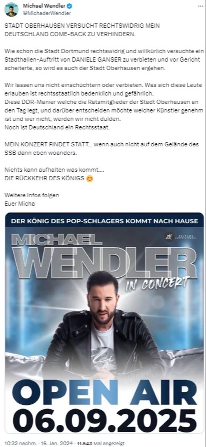 Michael Wendler wütet via Social Media gegen die Stadt Oberhausen. Michael Wendler Twitter Comeback