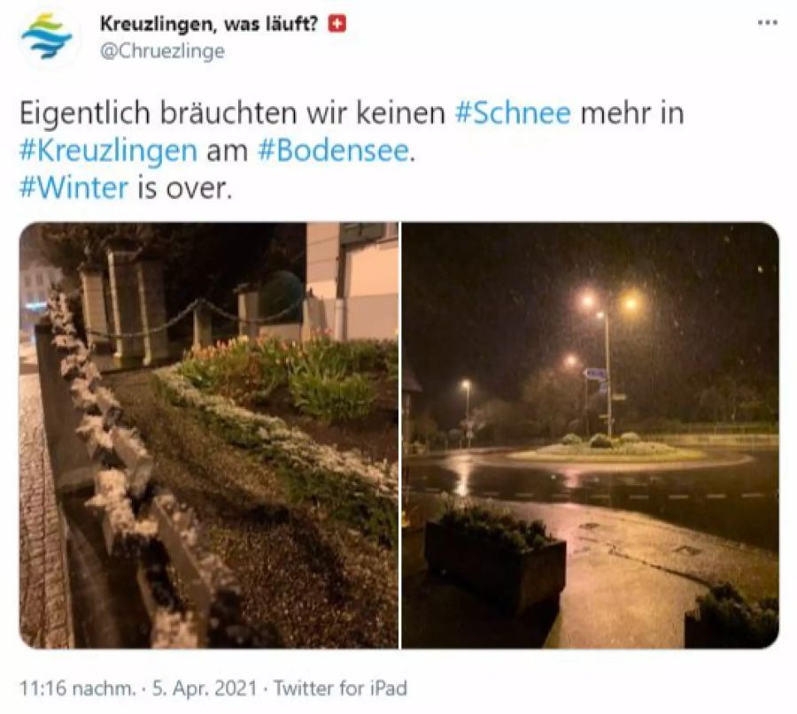 In Kreuzlingen TG setzte der Schnee bereits am späten Montagabend ein.