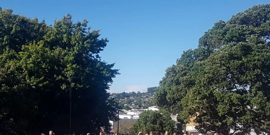 HANDOUT - Menschen versammeln sich auf einer Anhöhe, während eine Tsunami-Warnung ausgegeben wird. Foto: Mike Dinsdale/New Zealand Herald/AP/dpa - ACHTUNG: Nur zur redaktionellen Verwendung im Zusammenhang mit der aktuellen Berichterstattung innerhalb der nächsten 14 Tage und nur mit vollständiger Nennung des vorstehenden Credits