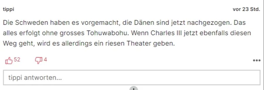 Sollte das britische Königshaus nachziehen, erwartet User «tippi» ein «riesiges Theater».