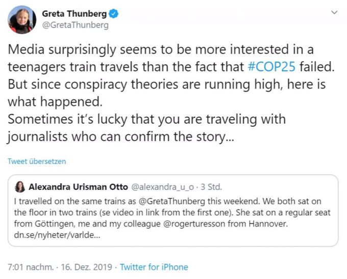 Greta twitterte: «Überraschenderweise scheinen die Medien stärker an Zugfahrten eines Teenagers interessiert zu sein als an der Tatsache, dass die #COP25 gescheitert ist.» greta tweet