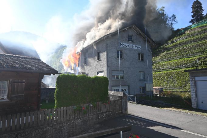 Maismühle Mels in Brand. Maismühle