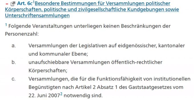 Für Versammlungen der Legislativen gelten andere Regeln. Verordnung