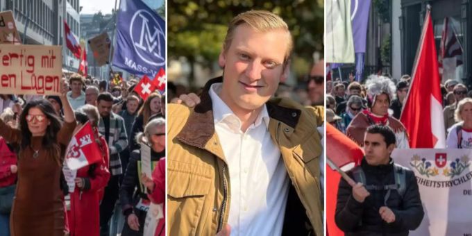 David Trachsel, Präsident der Jungen SVP, zeigte sich am Samstag an der Corona-Demo in Basel. Er wolle damit ein Zeichen setzen, sagt er. David Trachsel JSVP Corona-Demo