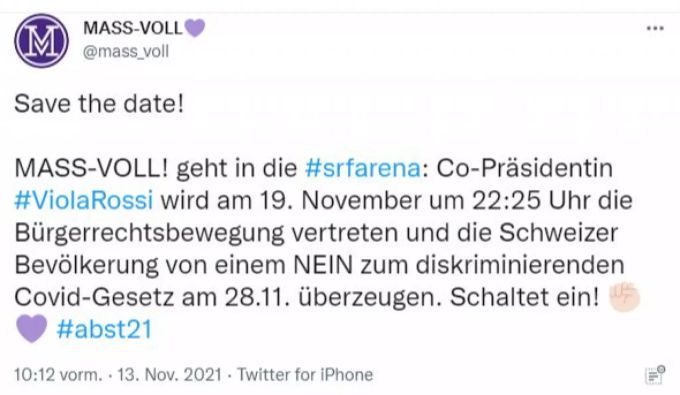 Die Bewegung Mass-Voll kündigte die «Arena»-Teilnahme von Co-Präsidentin Viola Rossi auf Twitter an. Inzwischen wurde ihre Teilnahme vom Komitee der Gegner des Covid-19-Gesetz zurückgezogen. Mass-Voll Covid-19-Gesetz