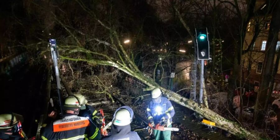 Feuerwehrleute beseitigen einen umgestürzten Baum von den Gleisen der U3. Foto: Jonas Walzberg/dpa