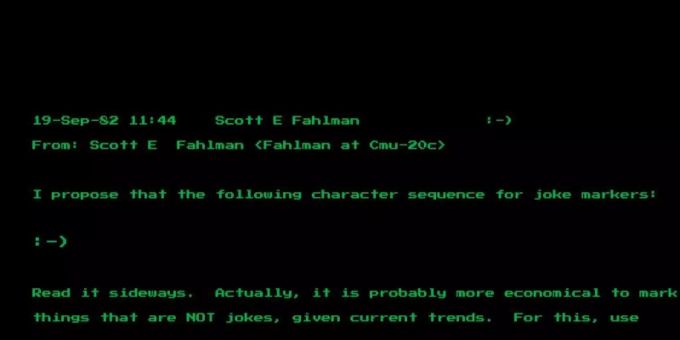 Eine Nachricht des Computerwissenschaftlers Scott Fahlman von der Universität Pittsburgh vom 19. September 1982 zeigt seinen Vorschlag der Zeichenkombination «:-)». Foto: Heritage Auctions/Heritage Auctions/HA.com/dpa Eine Nachricht des Computerwissenschaftlers Scott Fahlman von der Universität Pittsburgh vom 19. September 1982 zeigt seinen Vorschlag der Zeichenkombination «:-)». Foto: Heritage Auctions/Heritage Auctions/HA.com/dpa