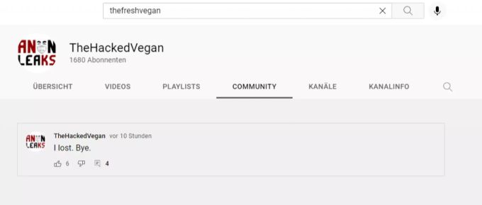 Der Youtubekanal TheFreshVegan von Attila Hildmann nach der Anonymous-Attacke. TheHackedVegan