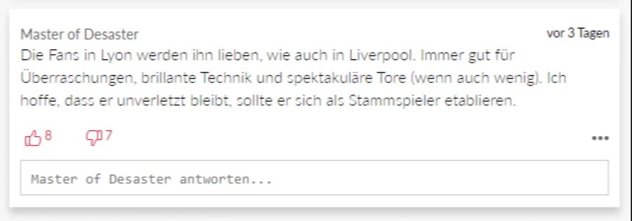 Nicht einig sind sich die nächsten zwei Leser: Dieser glaubt, dass die Fans in Lyon Shaqiri schnell in ihr Herz schliessen werden.