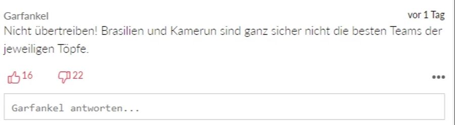 «Garfankel» meint: «Brasilien und Kamerun sind ganz sicher nicht die besten Teams der jeweiligen Töpfe.»