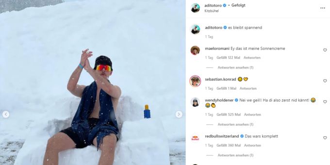 Tiktoker Aditotoro bibbert in Kitzbühel in Badehosen und Badelatschen. Aditotoro