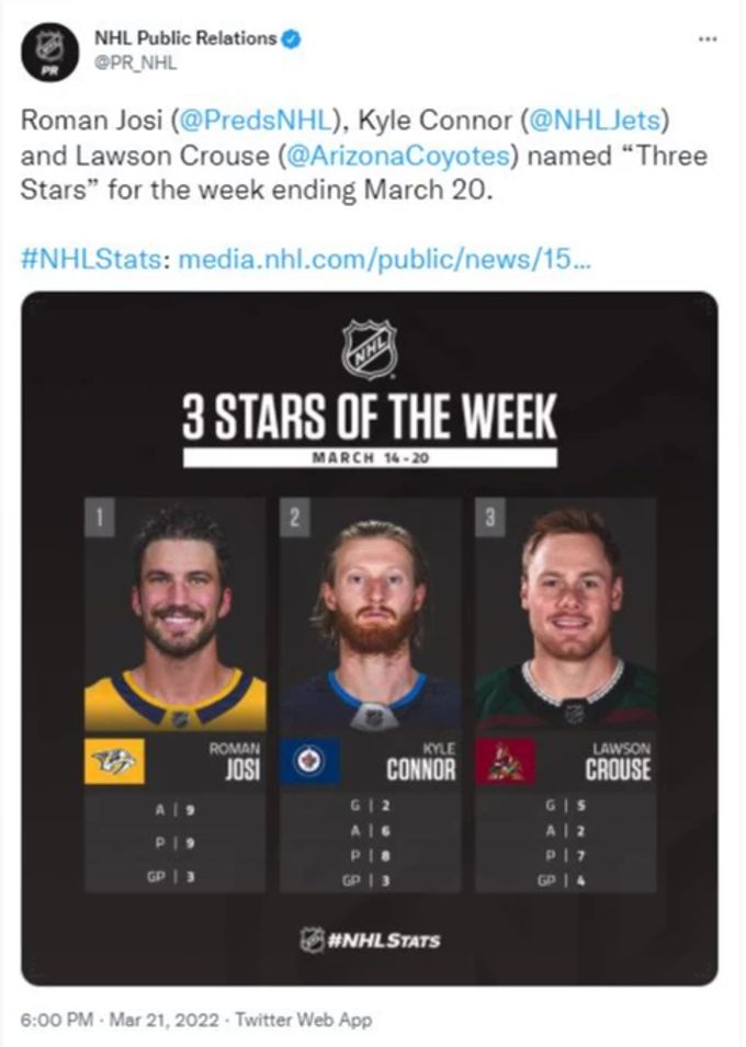 Bester NHL-Spieler der letzten Woche: Roman Josi. Roman Josi
