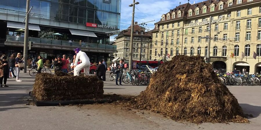 Die Aktionskünstlerin Barbara Kiener «zöpfelt» am Donnerstag auf dem Berner Bahnhofplatz Mist.