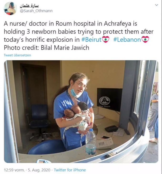 Eine Krankenschwester rettete drei Neugeborene vor der zerstörerischen Druckwelle nach der Explosion in Beirut. Beirut Explosion