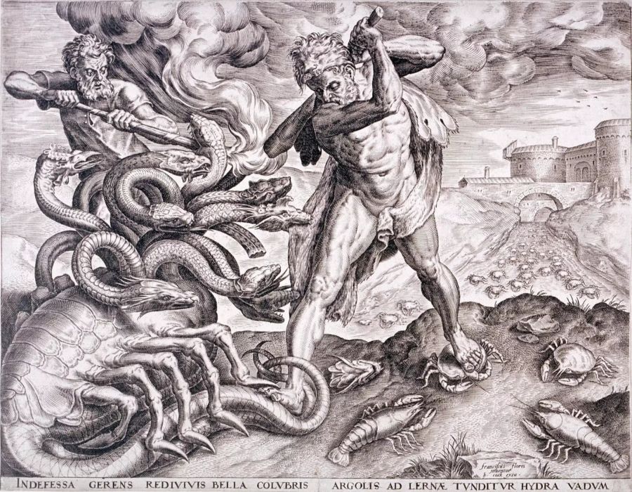 Der griechische Held Herkules tötet das Sagenwesen Hydra, Gravur von Cornelis Cort  (1533–1578).