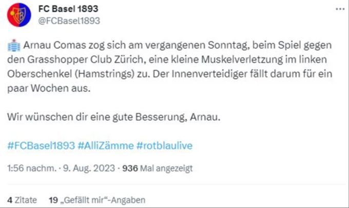 Der FC Basel vermeldet den Ausfall von Arnau Comas. FC Basel Arnau Comas
