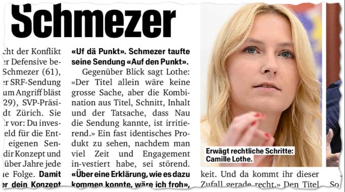 Im «Blick» droht Camille Lothe mit rechtlichen Schritten gegen Ueli Schmezer, weil er nicht nur Titel, sondern unter anderem auch Schnitt und Inhalt von ihr gemopst haben soll. Camille Lothe Schnitt Kolumne