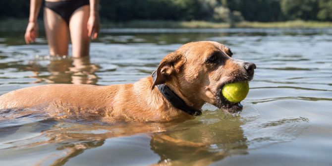 Hund mit Ball im Maul im See