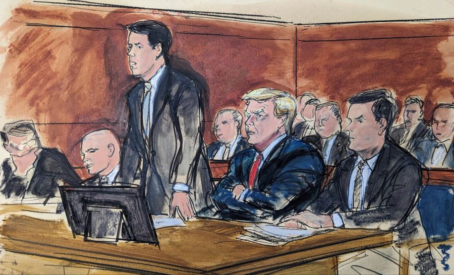 In dieser Skizze aus dem Gerichtssaal bekennt sich der Anwalt Todd Blanche im Namen des ehemaligen Präsidenten Donald Trump vor einem Bundesgericht in Miami für nicht schuldig. Elizabeth Wil