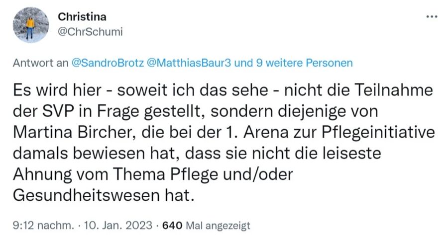 In der ersten «Arena» zur Pflegeinitiative habe Martina Bircher bewiesen, dass sie «nicht die leiseste Ahnung vom Thema Pflege und/oder Gesundheitswesen» habe, sagt diese Pflegefachfrau.