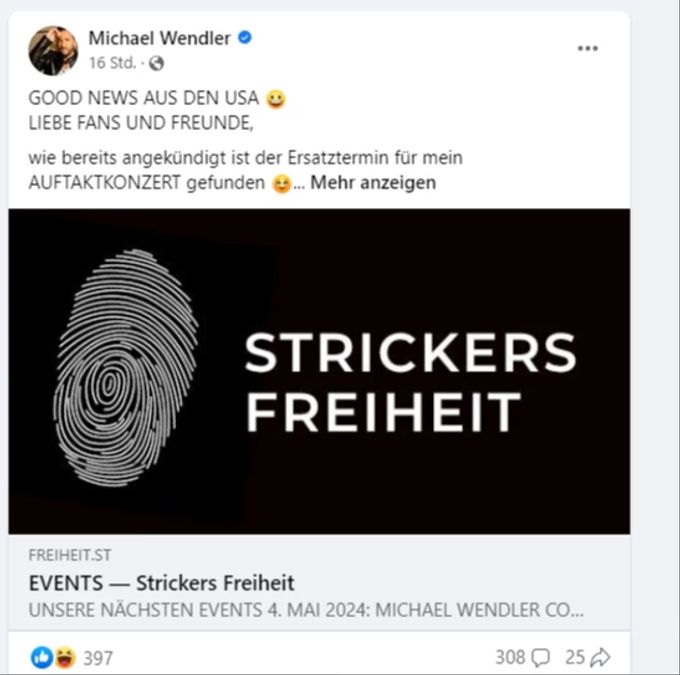 Auf seiner Facebook-Seite kündigt Michael Wendler den Tour-Start in Zürich an. Michael Wendler