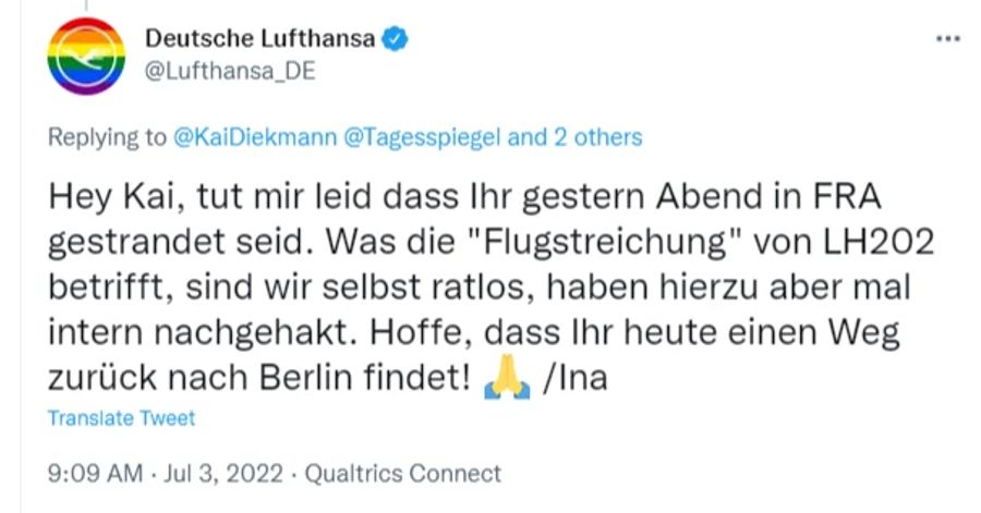 Auf Twitter scheint Lufthansa nicht zu wissen, weshalb es zur Flugstreichung gekommen ist.