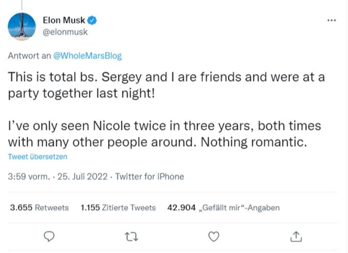 Twitter-Beitrag von Tesla-CEO Elon Musk. musk affäre