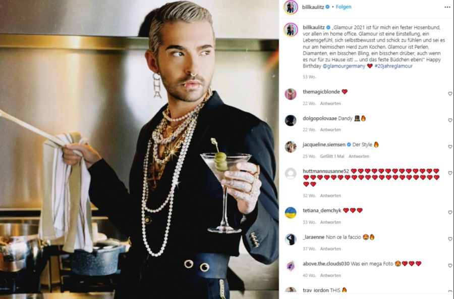 Bill Kaulitz mit einem Martini in der Hand.