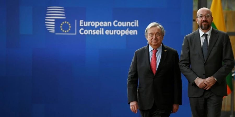 UN-Generalsekretär António Guterres (l.) mit EU-Ratspräsident Charles Michel am Donnerstag in Brüssel