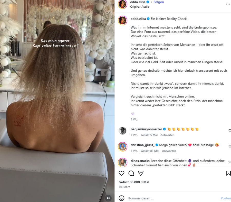 So würden die Haare des Social-Media-Stars ohne Extensions aussehen.
