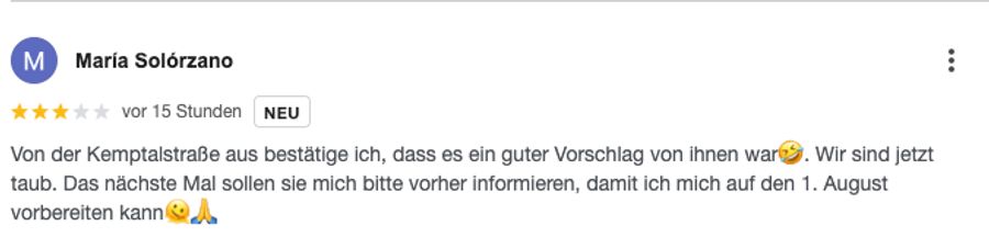 Von einer anderen Nutzerin gibt es nur drei Sterne. Sie möchte künftig vorher informiert werden, damit sie sich auf den 1. August vorbereiten könne.
