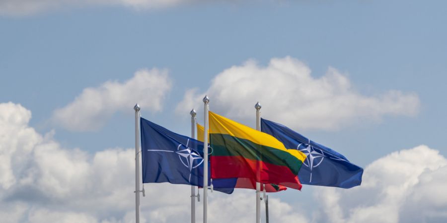 ARCHIV - Flaggen der Nato-Mitgliedsländer wehen im Wind vor dem Veranstaltungsort des Nato-Gipfels. Foto: Mindaugas Kulbis/AP/dpa