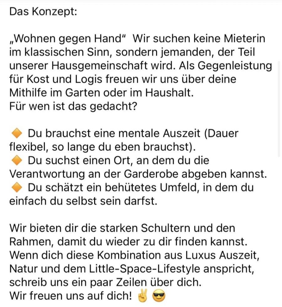 Gesucht wurde laut Inserat keine klassische Mieterin, sondern jemand, der Teil der Hausgemeinschaft werden soll.