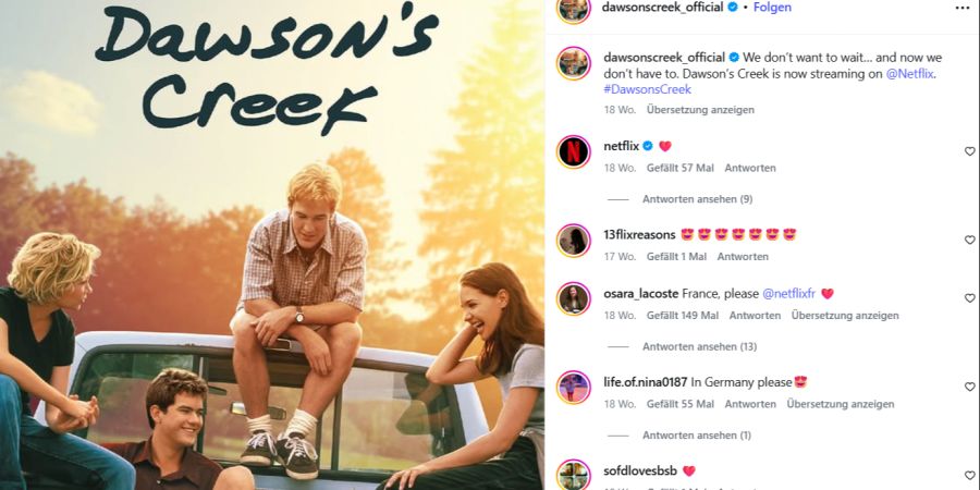 Die Kultserie «Dawson's Creek», die James so berühmt machte, drehte sich um die Hauptfiguren Dawson (James Van Der Beek), Pacey (Joshua Jackson), Joey (Katie Holmes) und Jen (Michelle Williams).