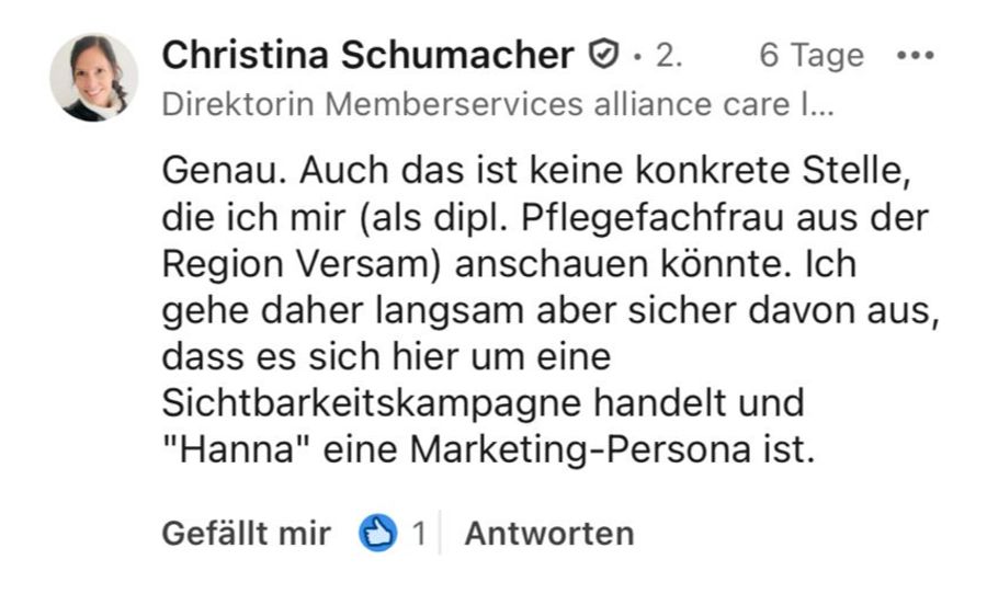 Auch auf Linkedin wittern einige sofort KI. Eine Pflegefachfrau macht zusätzlich stutzig, dass es dazu kein offizielles Inserat gibt.