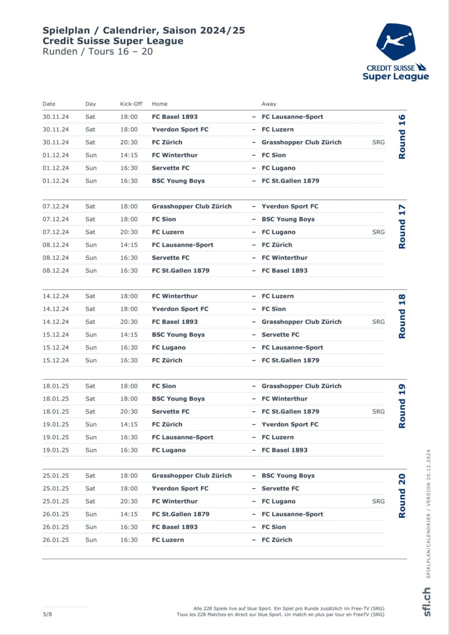 Die Super League hat den Spielplan bis Runde 33 angesetzt.