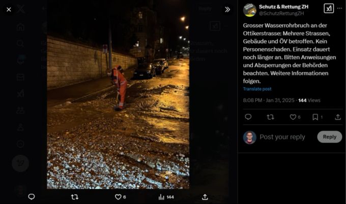 Schutz & Rettung Zürich sind nach einem Wasserrohrbruch im Einsatz. Wasserrohrbruch
