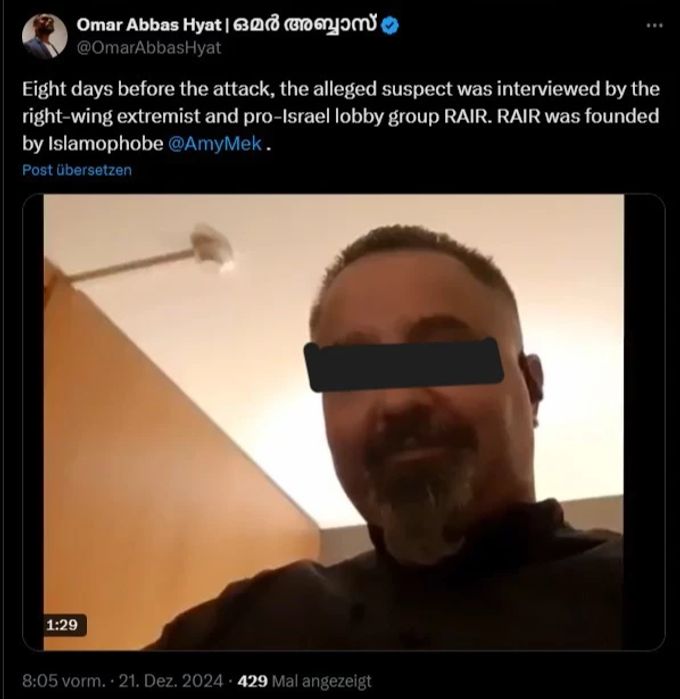 Der mutmassliche Täter vom Weihnachtsmarkt äusserte sich auch in Interviews zu seiner politischen Haltung. Taleb A. Weihnachtsmarkt