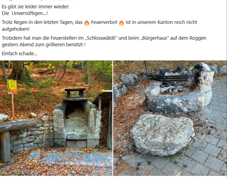 Ein Facebook-User macht in einer Gruppe auf das Problem aufmerksam: Trotz Feuerverbot werde bereits wieder gezündelt.
