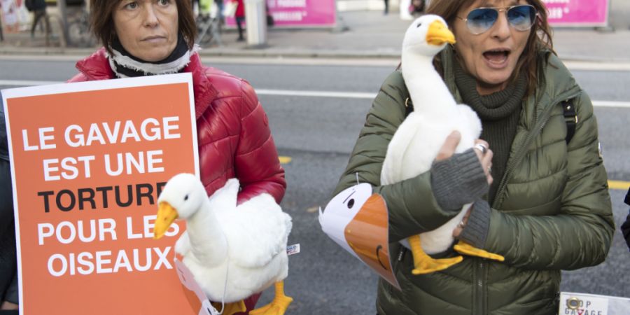 «Zwangsfütterung ist Folter für Vögel» steht auf dem Plakat einer Tierschutzaktivistin 2018 bei einer Aktion gegen Stopfleber in Lausanne. (Archivbild)