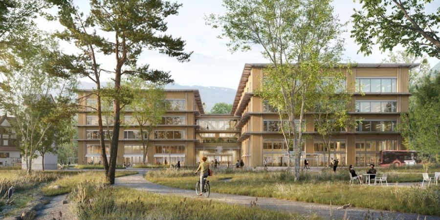 Das neue Bündner Fachhochschulzentrum in Chur soll Mitte 2028 bezugsbereit sein. Die Visualisierung zeigt, wie der Bau nach der Fertigstellung aussehen soll.