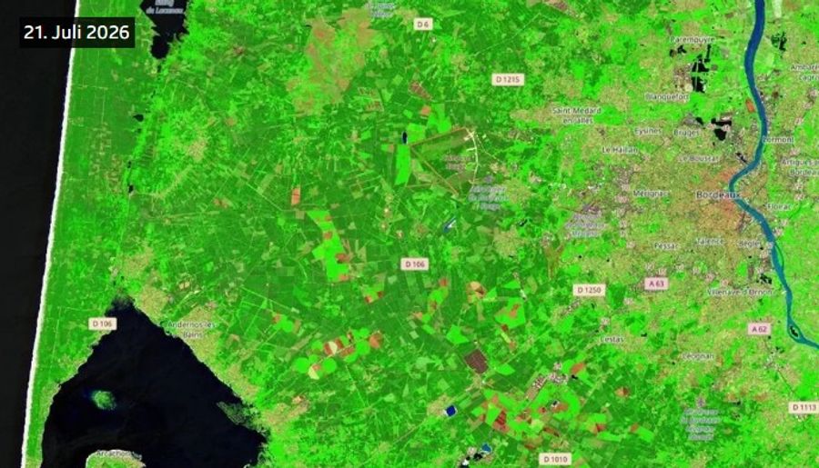 Ein Kurzwelleninfrarotbild vor dem Waldbrand westlich von Bordeaux...