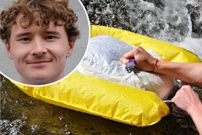 Der Schwimmsack «Buoy» rettet in fliessenden Gewässern Leben. Zieht man an den Griffen, bläst sich ein Airbag rund um den Drybag auf.