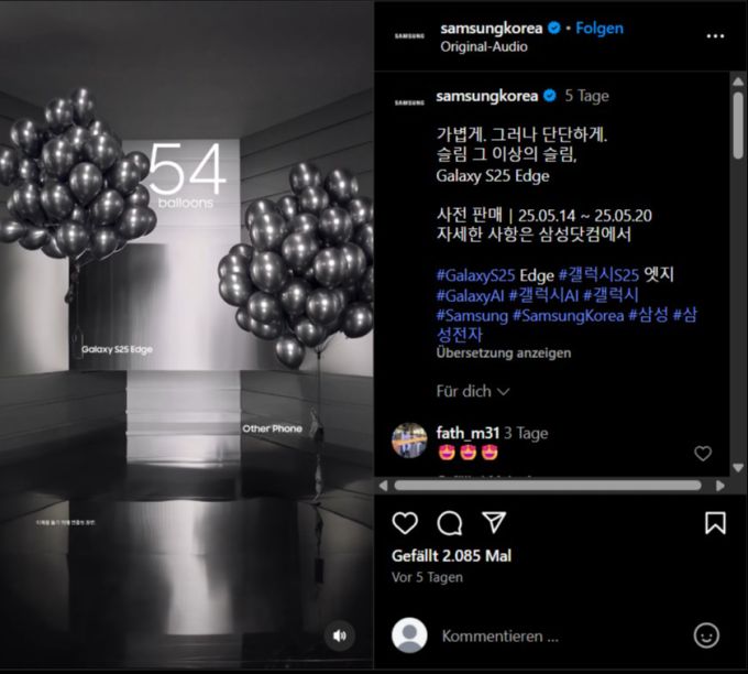 Samsung Galaxy S25 Edge setzt auf Leichtigkeit und hebt im Clip mit weniger Ballons ab als die Konkurrenz. samsung galaxy s25 edge