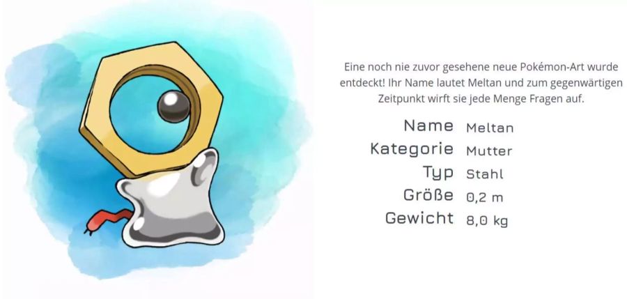 Meltan ist mit seinen Eigenschaften auf weissem Hintergrund zu sehen. Ein beschreibender Text ist oberhalb.